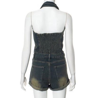Sexy Blue Lapel Deep V Zipper Jumpsuit For Women Sleeveless Backless High Waist Hemmed Shorts Leisure Party Club Denim Jumpsuit
