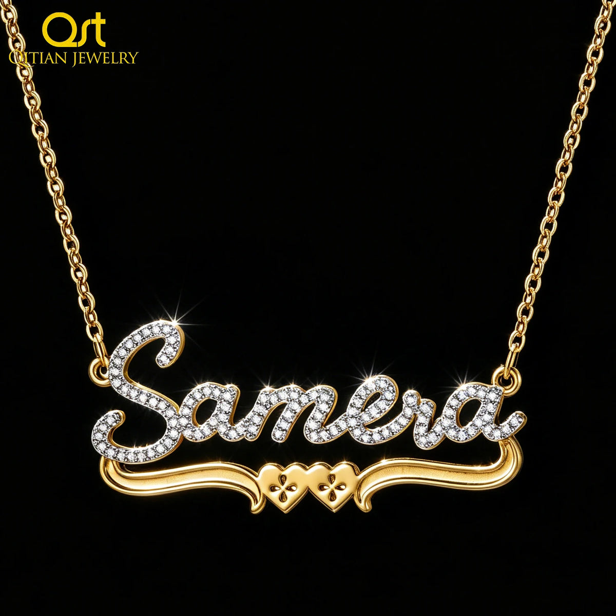 Qitian Personalized Moissanite Name Necklace 925 Sterling Silver 18K Gold Plated Custom Name Pendant Double Heart Design Jewelry