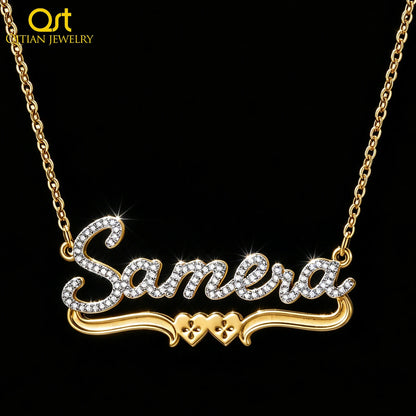 Qitian Personalized Moissanite Name Necklace 925 Sterling Silver 18K Gold Plated Custom Name Pendant Double Heart Design Jewelry