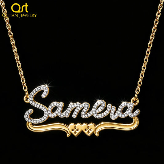 Qitian Personalized Moissanite Name Necklace 925 Sterling Silver 18K Gold Plated Custom Name Pendant Double Heart Design Jewelry