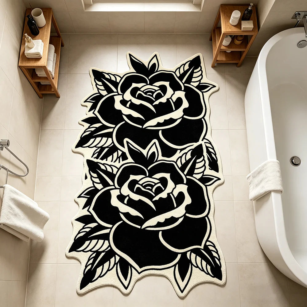 Fashion Retro Black White Rose-Shaped Living Room Carpet Light Luxury Bedroom Bedside Rug Soft Comfortable Floor Mat Home Decor
