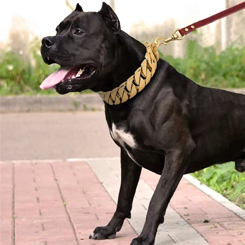 Traction Solid Super Strong Gold Collar Stainles Steel Dog Leash Pet Lead Chain 32mm 19mm Bulldog Pitbull Large Dog Collar Leash