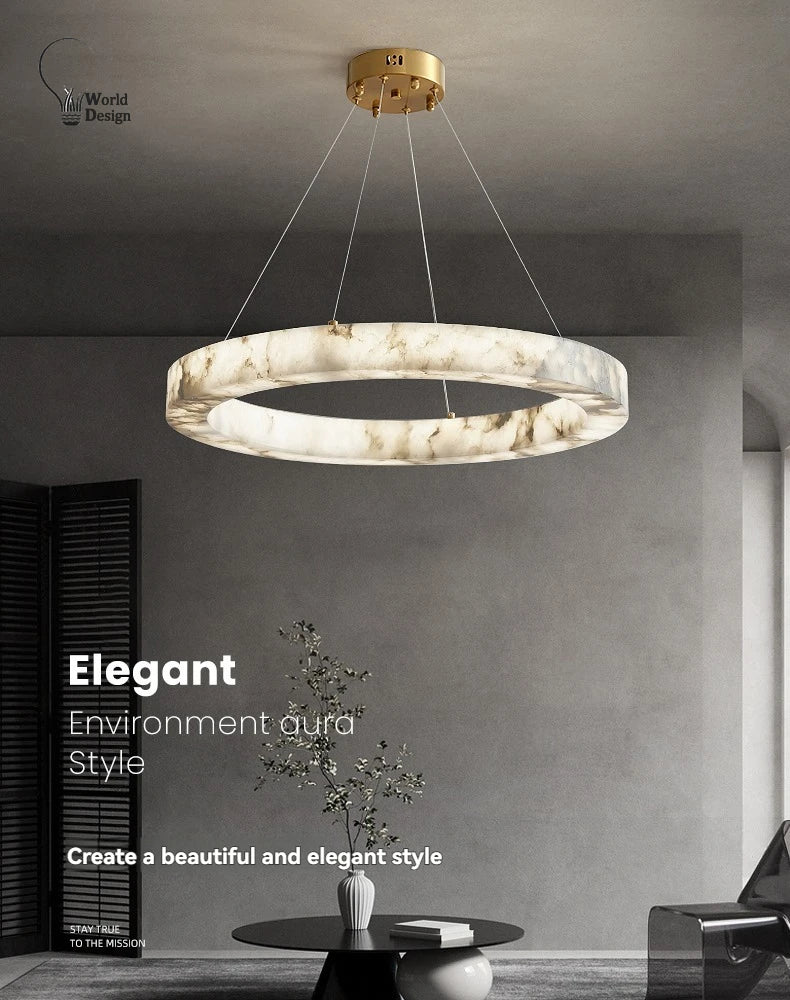 Round Faux Marble Chandelier Lights for Living Room Dining Room Resin Marble-effect Hanging Pendant Lamp Ring for High Ceiling