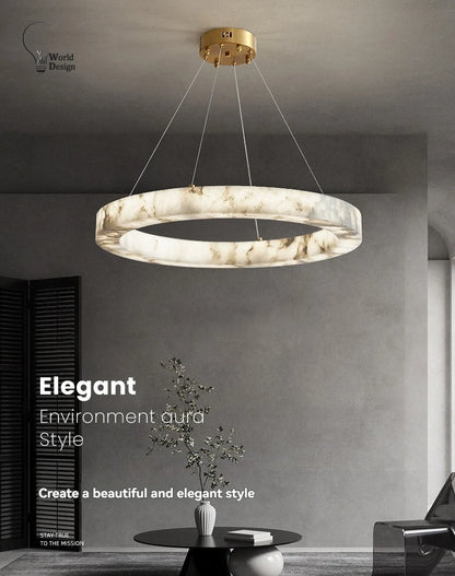 Round Faux Marble Chandelier Lights for Living Room Dining Room Resin Marble-effect Hanging Pendant Lamp Ring for High Ceiling