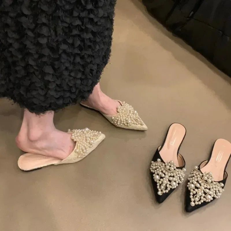 New Women's Shoes Exquisite Imitation Pearl Mueller Slippers for Woman Elegant French Casual Shoes Designer Shoes Zapatos Mujer