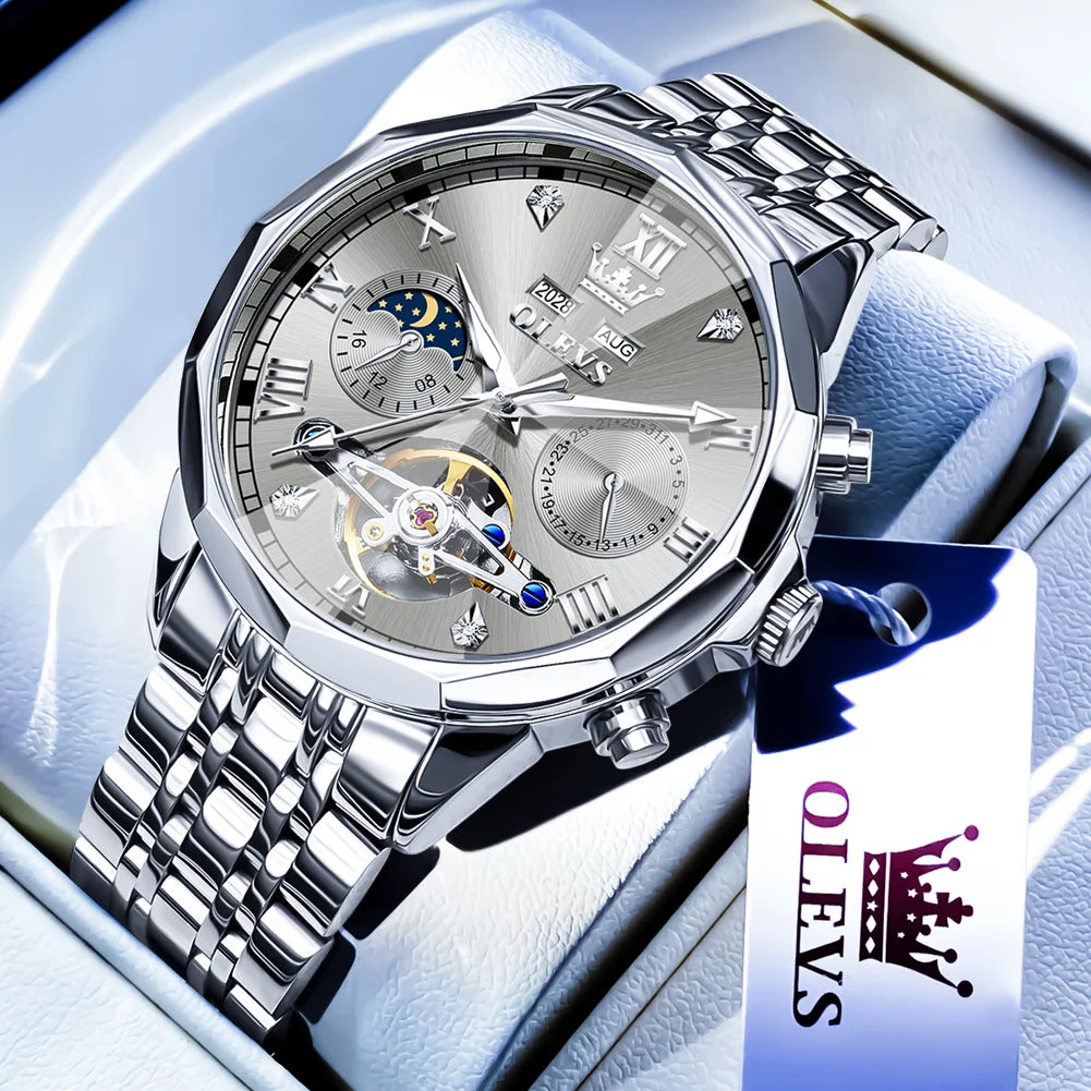  OLEVS Automatic Mechanical Watch for Men Tourbillon Moon Phase Diamond Dial Stainless Steel Strap Waterproof Men Wristwatch
