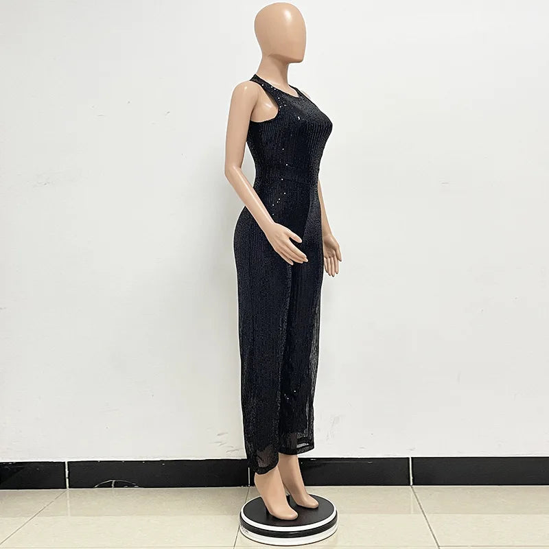 Bling Bling Sequined Club Jumpsuit Sexy Women O-neck Elegant Shiny Sliver Gold Sequins Straight Romper Overalls