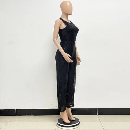 Bling Bling Sequined Club Jumpsuit Sexy Women O-neck Elegant Shiny Sliver Gold Sequins Straight Romper Overalls