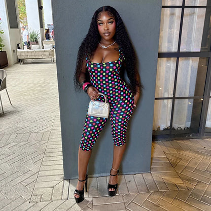 Sexy spicy girl print retro polka dot sleeveless square neck big backless seven part slim fit jumpsuit