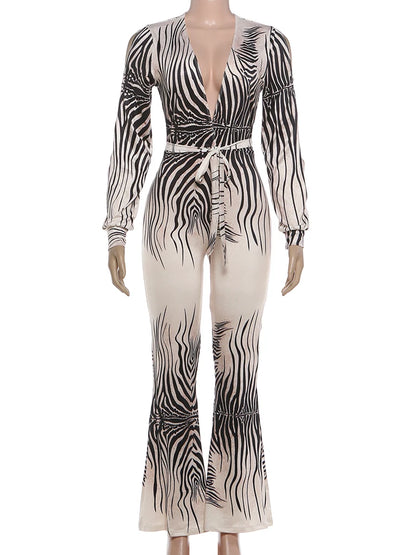 Nibber Deep V-Neck Jumpsuit Woman Stripe Patchwork Flared Hollow Full Sleeve Street Off Shoulder Sexy Fashion Style Overalls