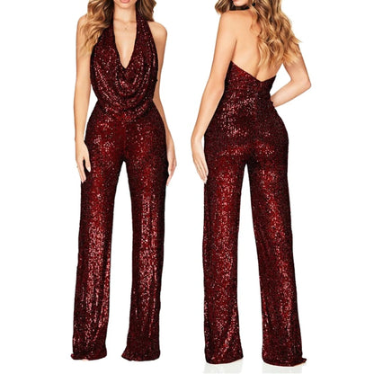 2026 Sequin Party Jumpsuit Women Sexy Club Glitter Overalls Rompers Bodysuit V-neck Long Pants Y2k Elegant Backless One Piece