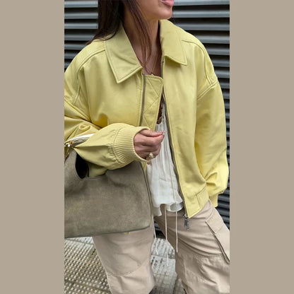 Faux Leather Bomber Jacket Oversized Collared Long Sleeve 2026 Spring Edgy Women Faux Leather Coat Fashion  Bold Lady Outerwear