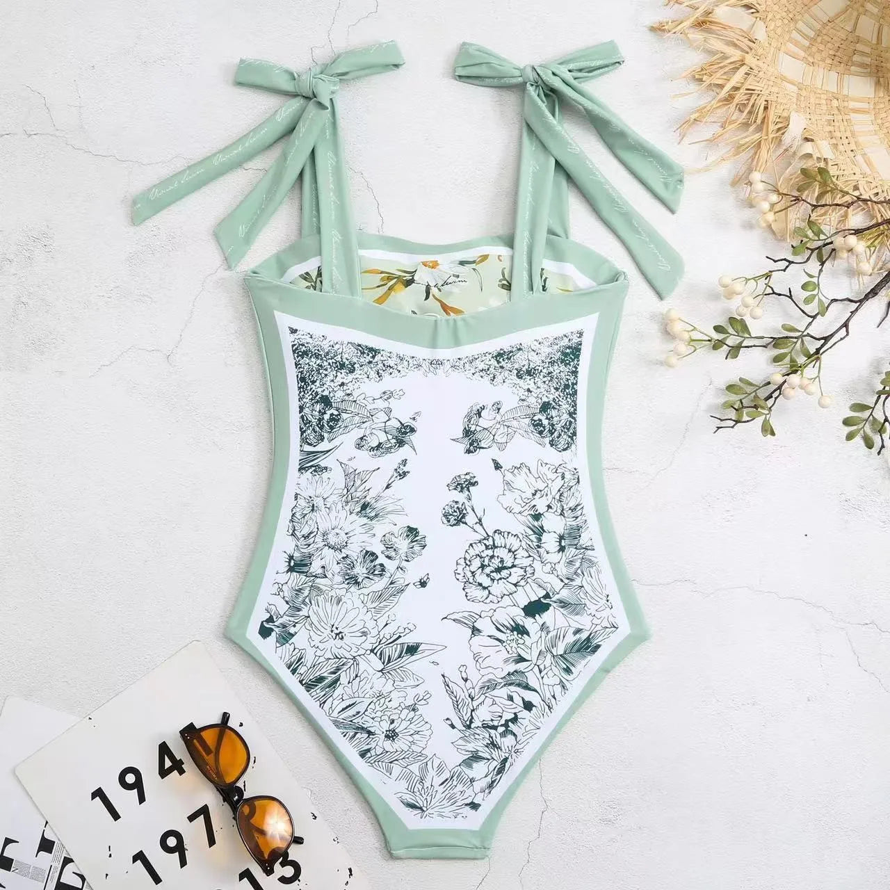 Women's Retro Double Sided Print Sweetheart Neck Tie Back Sleeveless One Piece Swimsuit Tankini Tankinis Dames Tankini Woman