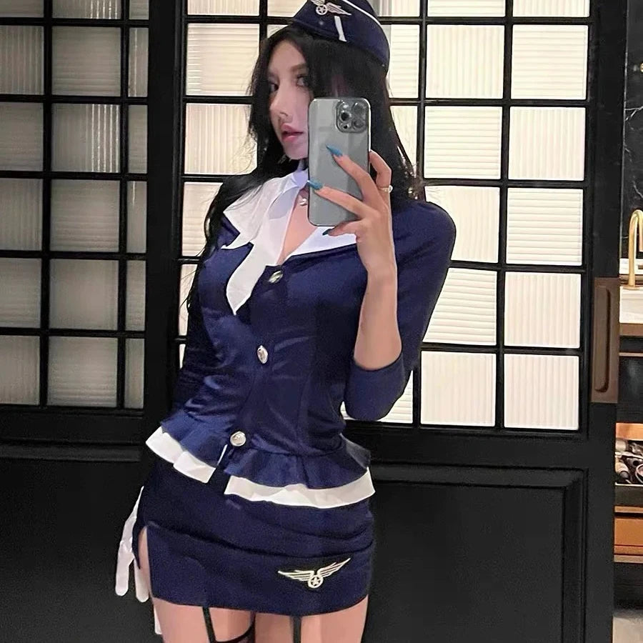 2025 New Stewardess Cosplay Women's Sexy Stewardess Secretary Pure Desire Uniform Suit Halloween Costume Fancy Role Play Party