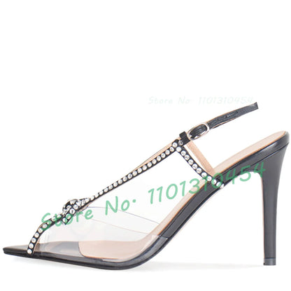 Crystal Bow Slingback Sandals Women Sweet Luxury See-through Pvc High Heels Shoes Summer Peep Toe Elegant Party Clear Pumps