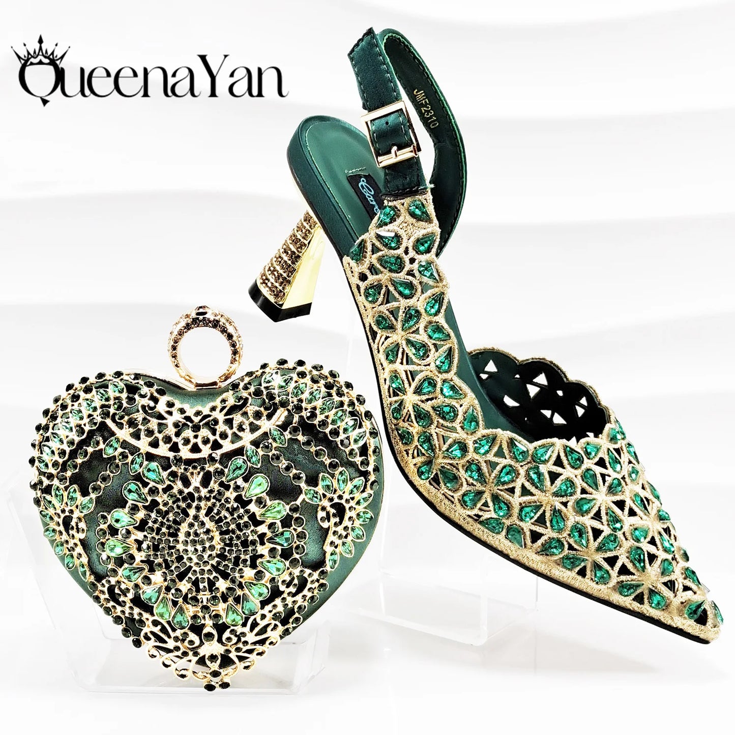 QSGFC Italian Design Rhinestone-encrusted Sex Ladies Shoes And Special Bag High Heels And Heart Shape Gold Mini Bag