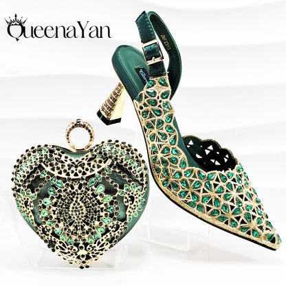 QSGFC Italian Design Rhinestone-encrusted Sex Ladies Shoes And Special Bag High Heels And Heart Shape Gold Mini Bag