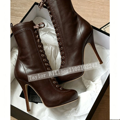 Women Retro Lace Up Stiletto Ankle Boots Round Toe Side Zipper Platform High Heel Short Bootie Fashion Ladies Thin Heel Footwear