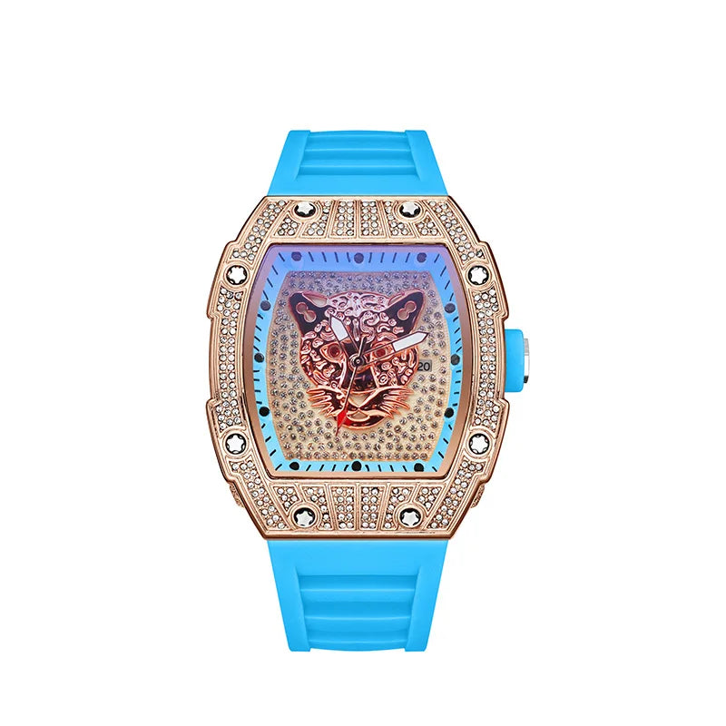 Tonneau Hollow Diamond Leopard Dial Quartz Watch Men Luxury Luminous Fashion Waterproof Rubber Sport Watches Men Steel Men Clock