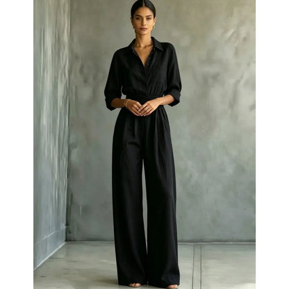 Women's Mid-sleeve Shirts Jumpsuits Spring Summer New 2026 New Fashion Elegant Waisted Lace-up Wide-leg Trousers Female Rompers