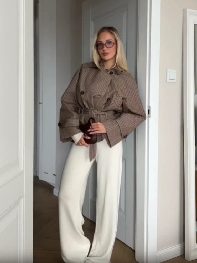 Trendy Plaid Cropped Trench Coat Women Chic Lapel Double Breasted Belted Waist Tie Long Sleeve Jacket Fall Windbreaker Outerwear