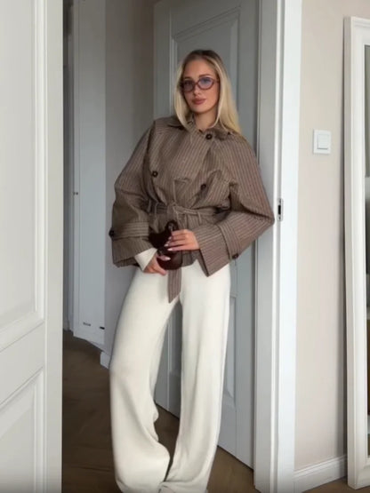 Trendy Plaid Cropped Trench Coat Women Chic Lapel Double Breasted Belted Waist Tie Long Sleeve Jacket Fall Windbreaker Outerwear