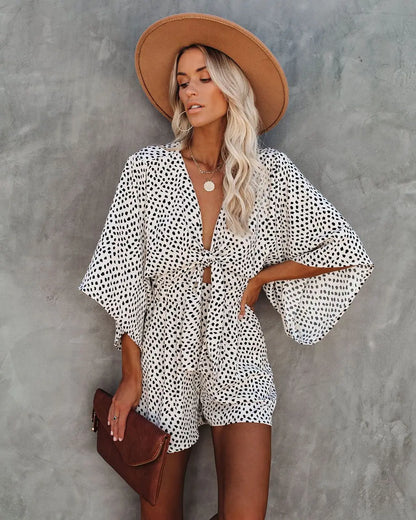 Summer Print Jumpsuit Women Rompers Sexy V Neck Short Sleeves High Waisted Wide Leg Shorts Trousers Casual Loose Jumpsuit Y2k
