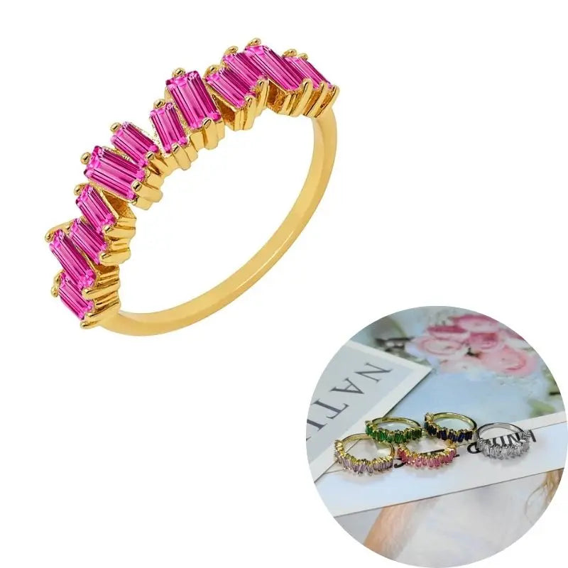 24K Gold Plated Colorful Crystal Gold Rings Turquoise Engagement Wedding Anniversary Ring Light Luxury Fashion Jewelry Gifts A40