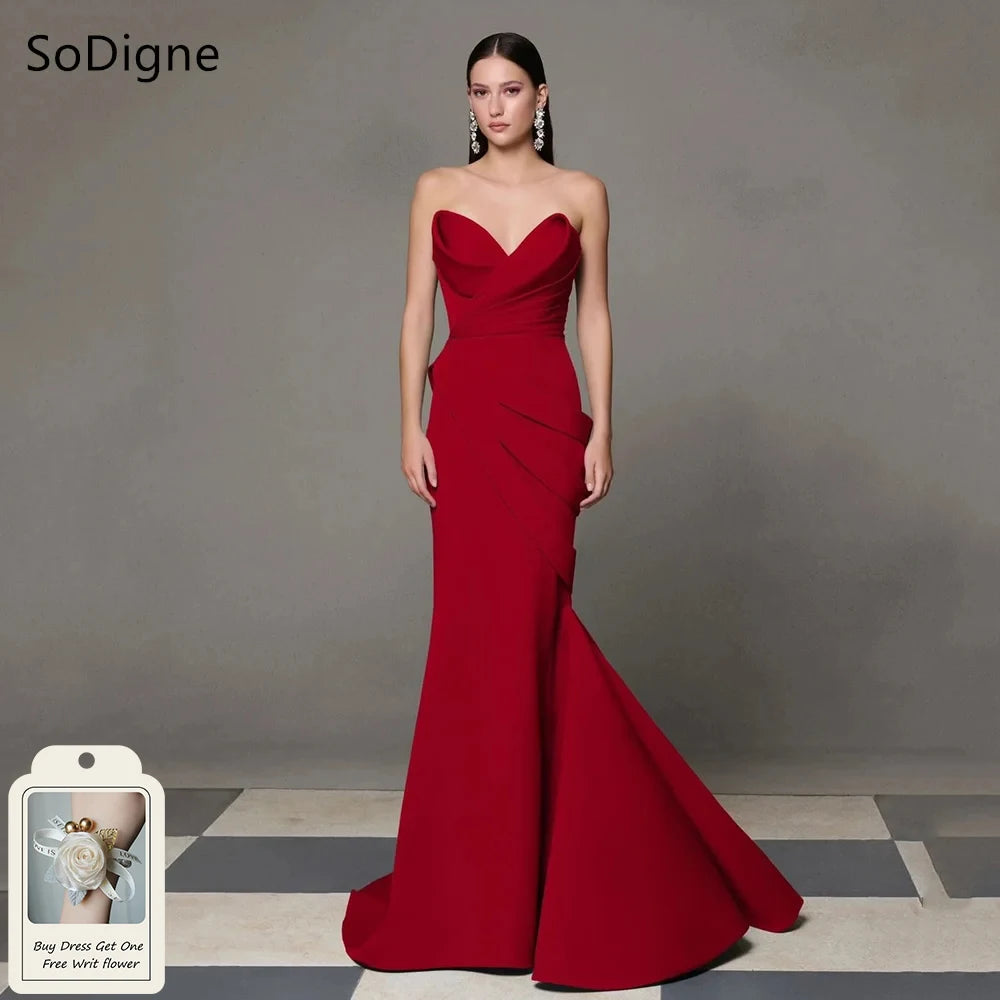 SoDigne Elegant Red Evening Dresses Strapless Sleeveless Pleats Party Dress Simple Mermaid Floor-Length Prom Gowns Customized