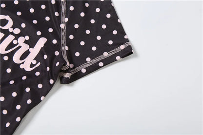 Kliou Polka Dot Print 2 Piece Set Woman Zip Turtleneck Short Sleeve Crop Tops+Skinny Shorts Street Sexy Fashion Style Outfits