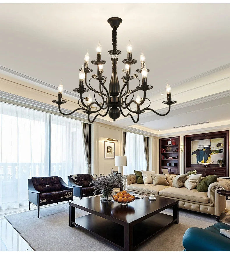 2022 modern black/gold wrought iron candle light retro Europe and America 6 12 16 lights chandelier dining room chandelier