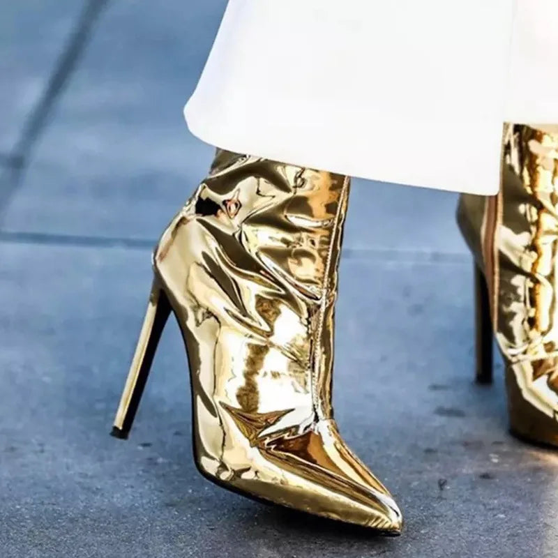 Design Ankle Boots Women Fashion Zipper Pointed  High Heels Gold Silver Patent Leather Short Booties Shoes Catwalk Shoes