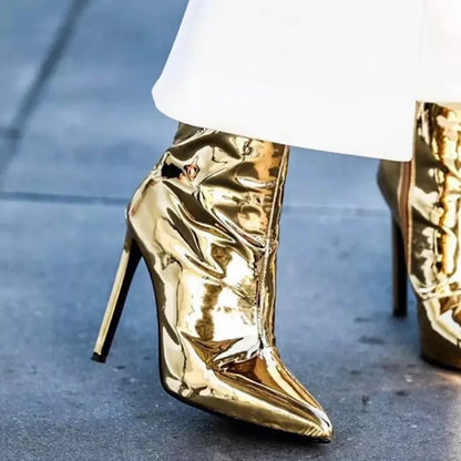 Design Ankle Boots Women Fashion Zipper Pointed  High Heels Gold Silver Patent Leather Short Booties Shoes Catwalk Shoes