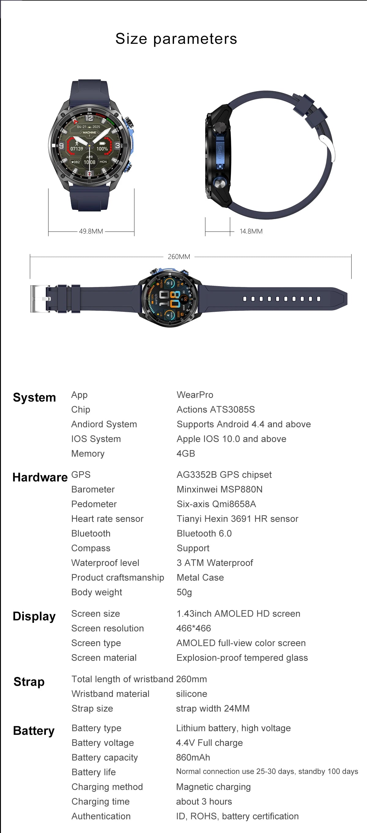 2025 New Tactical Smartwatch Built-in GPS Offline Map 4GB Memory 5ATM IP69K Swimming Waterproof Men Militray Smart Bracele