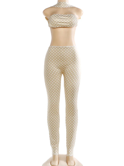 Nibber Hottie Women Dot Print 2 Piece Set Tracksuit Sexy Backless Halter Tank Tops+Leggings Matching Streetwear Stretch Outfits