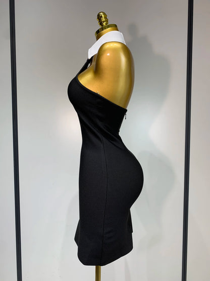 Women Sexy Backless White Shirt Collar Black Mini Bodycon Bandage Dress 2025 Elegant Evening Club Party Luxury Birthday Dresses