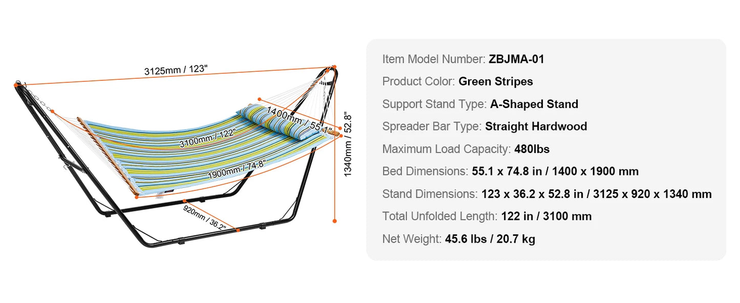 SucceBuy Two Person Hammock with Stand Included Double Hammock with Curved Spreader Bar and Detachable Pillow and Portable Bag