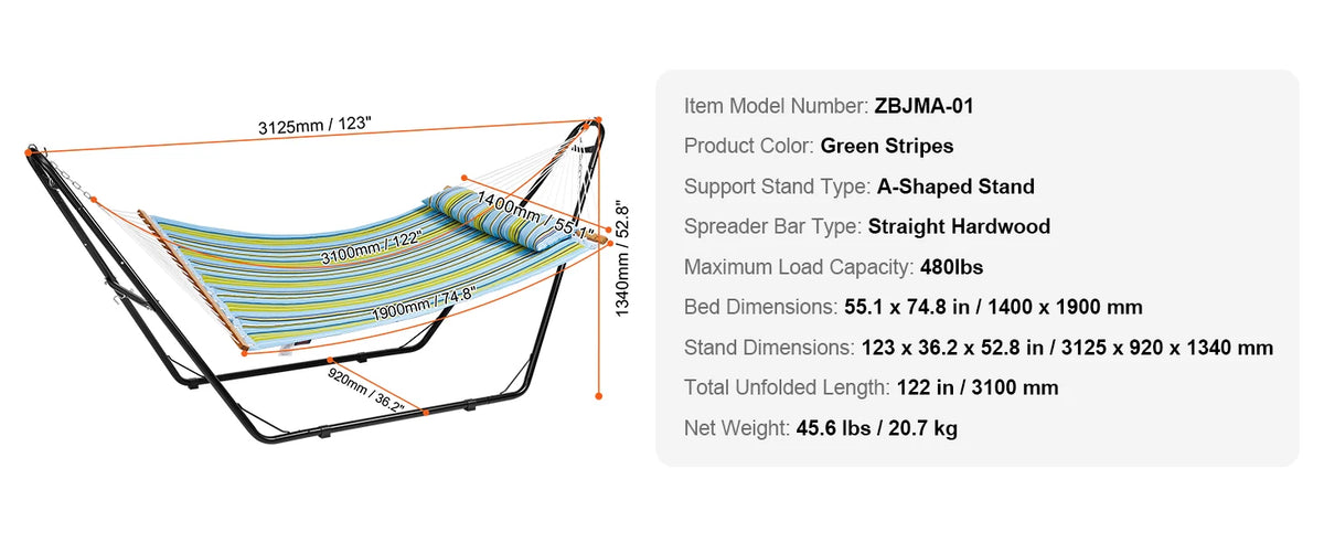 SucceBuy Two Person Hammock with Stand Included Double Hammock with Curved Spreader Bar and Detachable Pillow and Portable Bag