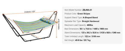SucceBuy Two Person Hammock with Stand Included Double Hammock with Curved Spreader Bar and Detachable Pillow and Portable Bag