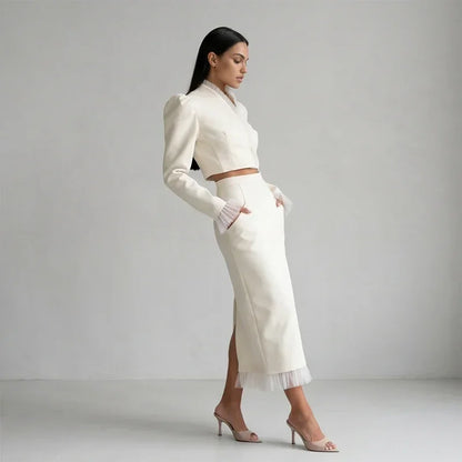 White Women's mesh two piece set Puff Sleeve V Neck blazer two piece dress set Daily Commuter Party  Outfit 2026 Summer Style