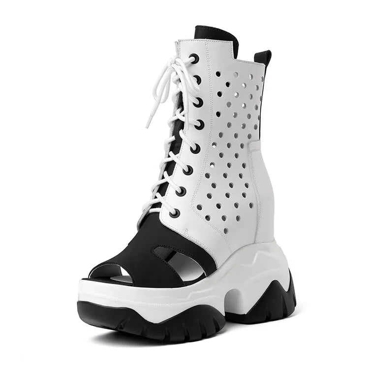 Women's Peep Toe Wedge Boots Summer Hollow Out Lace Up Side Zipper Platform Wedge Heel Breathable Fashion Retro Casual Shoes