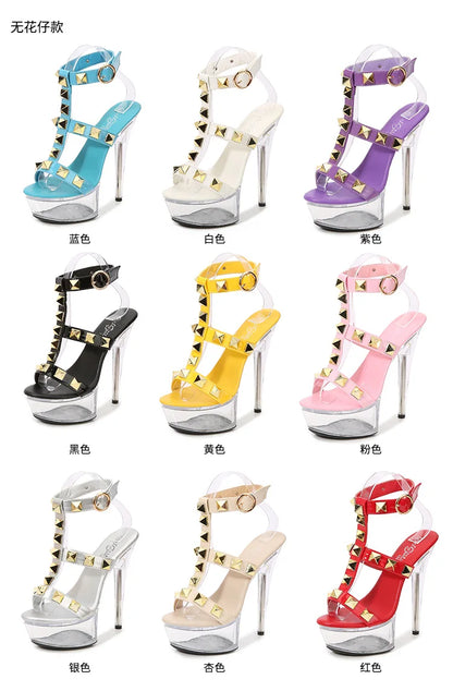 Women's Platform Sandals Rivet Pull Sandals Transparent High Heel 13CM Slim Heel Summer Waterproof Table LFD-1099-36