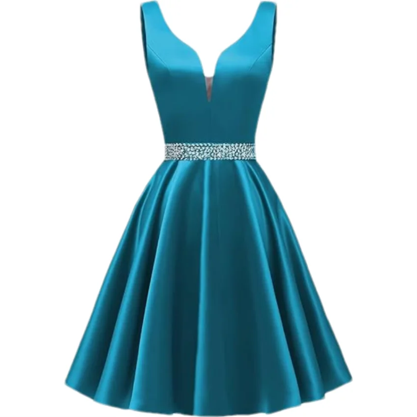 Customized Simple Satin Homecoming Dresses for Teens Short Prom Dress V-Neck Beaded Belts Evening Formal Cocktail Party Gowns