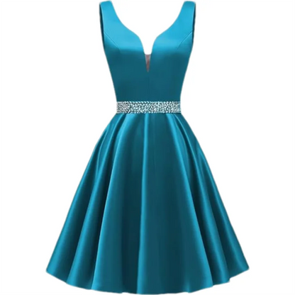 Customized Simple Satin Homecoming Dresses for Teens Short Prom Dress V-Neck Beaded Belts Evening Formal Cocktail Party Gowns