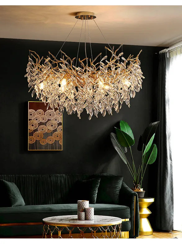 Modern Dining Room Branch Pendant Lights Lustre Crystal Led Hanging Lamp Post Luxury G9 Suspend Lamp Gold Droplight Fixtures
