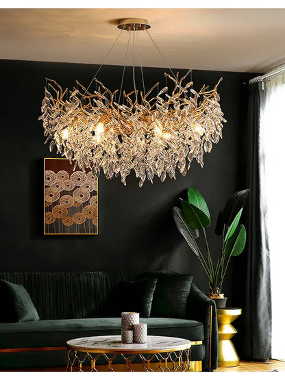 Modern Dining Room Branch Pendant Lights Lustre Crystal Led Hanging Lamp Post Luxury G9 Suspend Lamp Gold Droplight Fixtures