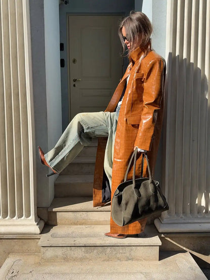 Women Brown Croc Embossed Faux Leather Maxi Trench Coat Lapel Single Breasted Straight Long Front Pockets Vintage Autumn Winter