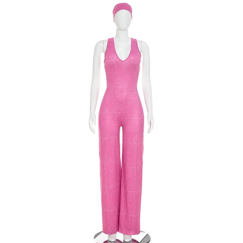 Casual sports faux washed printed headband paired with backless flared jumpsuit