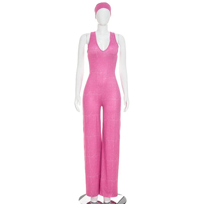 Casual sports faux washed printed headband paired with backless flared jumpsuit
