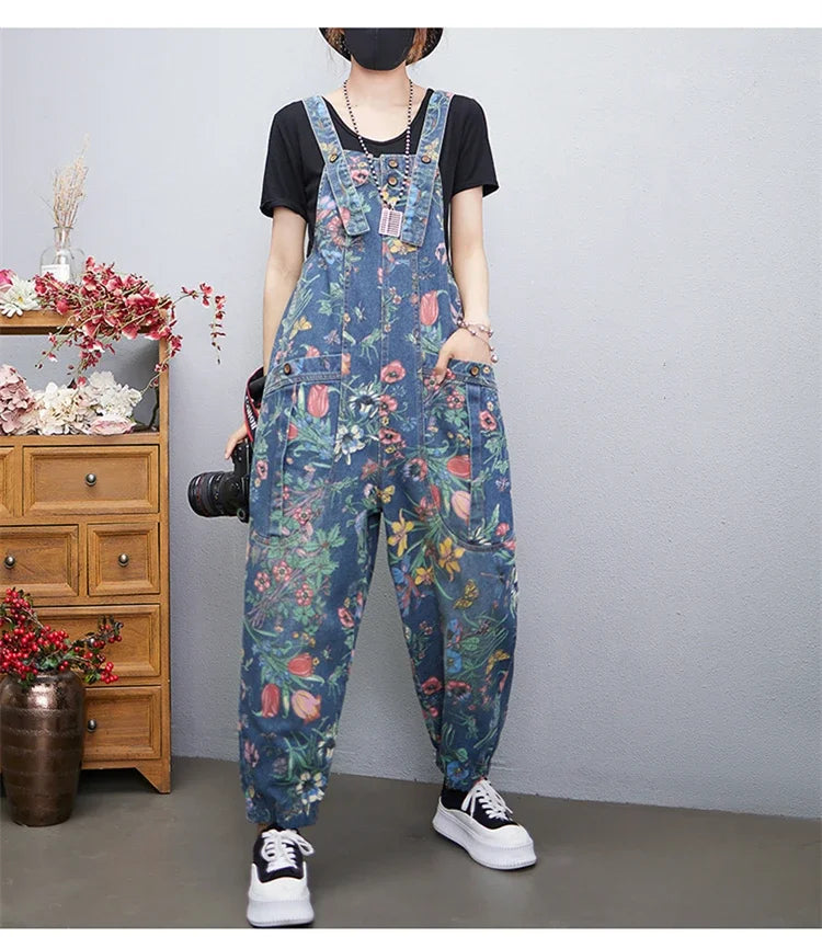 Casual Streetwear Print Floral Denim Jumpsuit Woman Loose Baggy Wide Leg Pants Rompers Big Size Pockets Straps Jeans Overalls